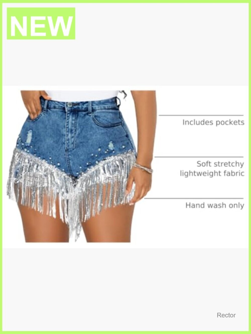 High Rise Rhinestone Fringe Denim Shorts - Distressed Ripped Jean - Picture 4 of 7